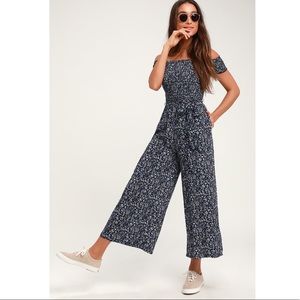 Lulus Behold Navy Blue Floral Print Off-the-Shoulder Jumpsuit